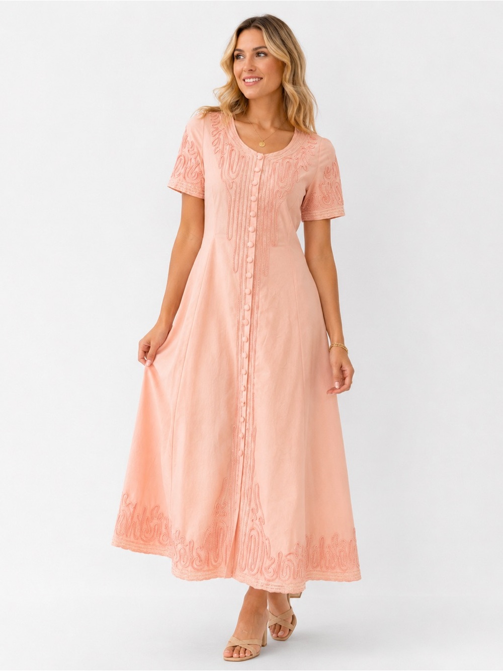 Vintage 90s Sarah Elizabeth Peach Embroidered Button Front Maxi Dress Size 8